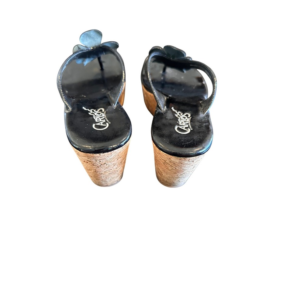 Carlos by Carlos Santana Black Patent Leather Floral Cork Wedge Sandals 7M - Picture 3 of 9
